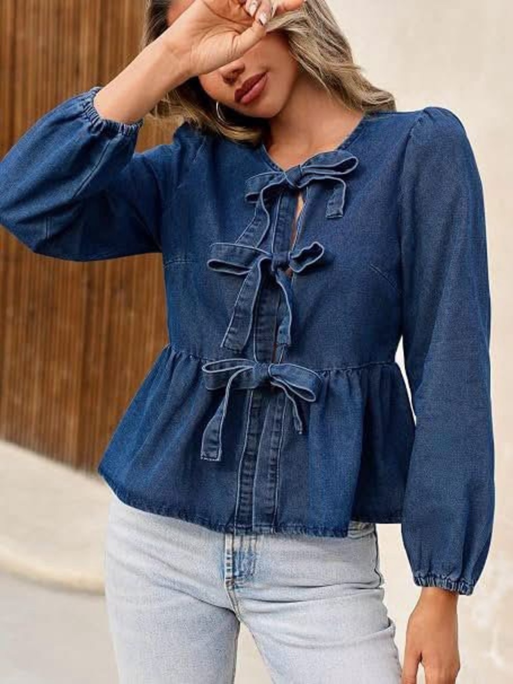 Denim Tie-Front Peplum Top - Blue